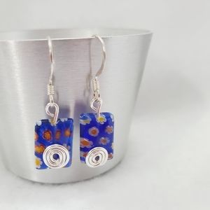 Blue Lampwork Wire Wrap Earrings